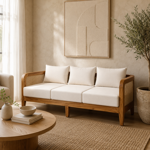 Solara Rattan Sofa | Sheesham Wood & Cane 3-Seater | Oakvello