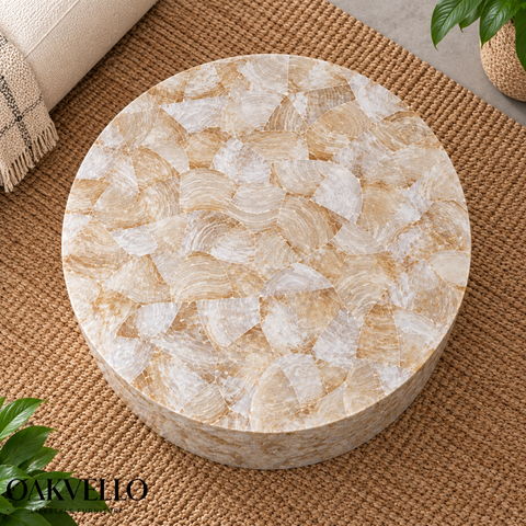 Monochrome Luxe Round Bone Inlay Coffee Table | Handcrafted Artisan Living Room Furniture – Oakvello