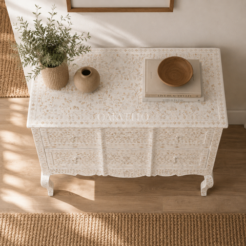 Bone Inlay Floral Chest of Drawers – White