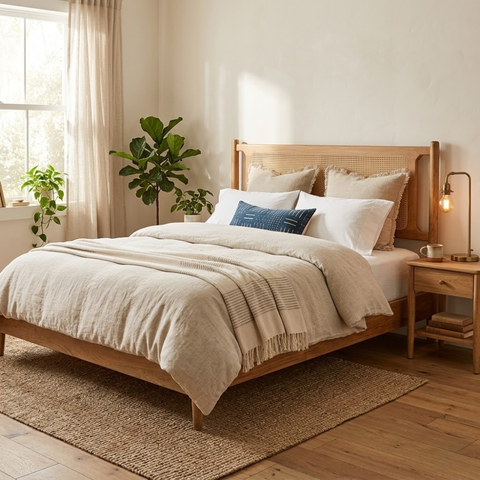 Lumara Cane Platform Bed | Natural Cane Headboard & Solid Wood Frame