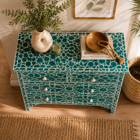 Teal Geometric Bone Inlay 4-Drawer Chest of Drawers