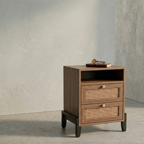 Veda Teak Wood Bedside Table | Heritage Mid-Century Nightstand – Oakvello