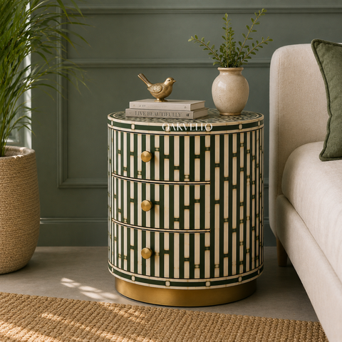 Emerald Lattice Bedside Chest – Bone Inlay Drum Nightstand