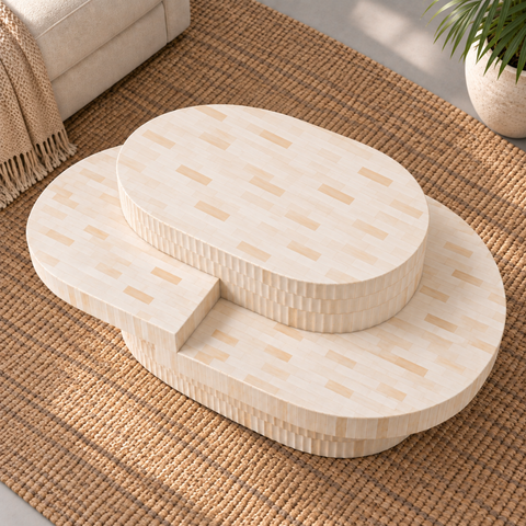 Handcrafted Bone Inlay Oval Coffee Table with Layered Sculptural Design