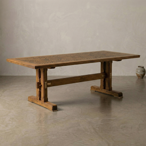 Mandala Anchor Teak Wood Dining Table | Marquetry Trestle Design – Oakvello