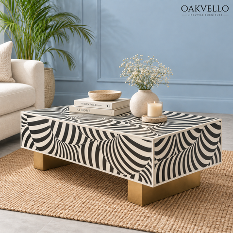 Oakvello Handcrafted Black and White Bone Inlay Coffee Table