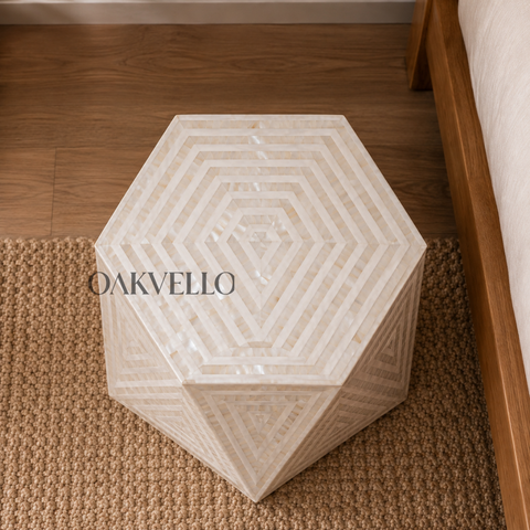 White Diamond Bone Inlay Geometric Hexagonal Side Table
