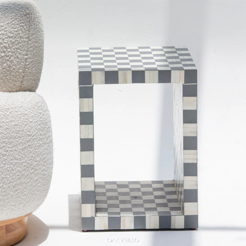 Checkerboard Bone Inlay Open Shelf Side Table