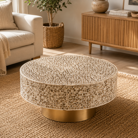 Round Pearl Inlay Coffee Table with Brass Gold Base