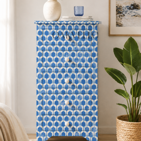 Bone Inlay Honeycomb 5-Drawer Chest of Drawers – Cobalt Blue
