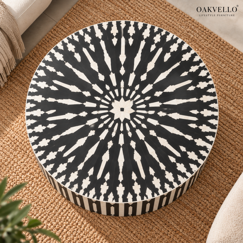 Black Stripe Round Bone Inlay Coffee Table | Handcrafted Artisan Living Room Furniture – Oakvello