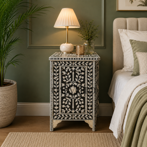 Noir Bloom Bone Inlay Bedside Table