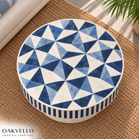 Navy Mosaic Round Bone Inlay Coffee Table| Handcrafted Artisan Living Room Centre Table – Oakvello