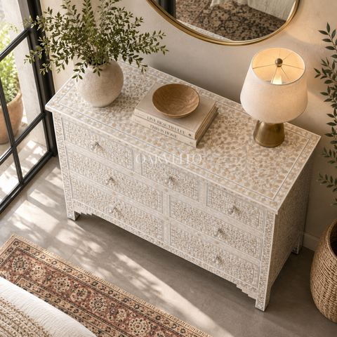 Bone Inlay Floral 7-Drawer Wide Dresser – White