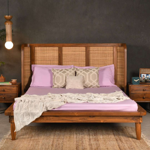 Aethel Handcrafted Teak Wood Cane Bed | Luxury Bedroom Furniture – Oakvello