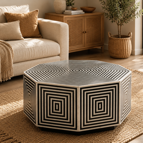 Octagonal Bone Inlay Geometric Coffee Table | Black & White |
