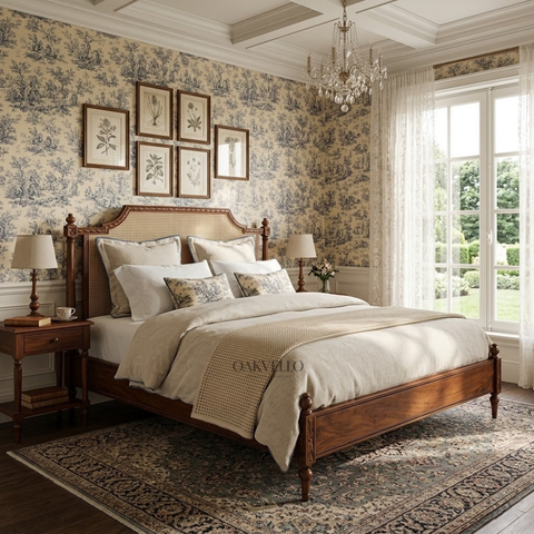 Belcourt Cane Bed | Hand-Carved Teak Wood & Arched Cane Headboard