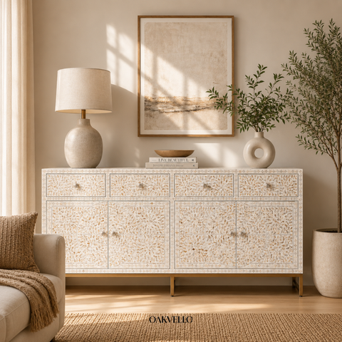 Shell Inlay Floral 4-Door Sideboard – Ivory White