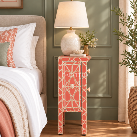 Bone Inlay 2-Drawer Nightstand – Coral Red Trellis & Geometric Pattern