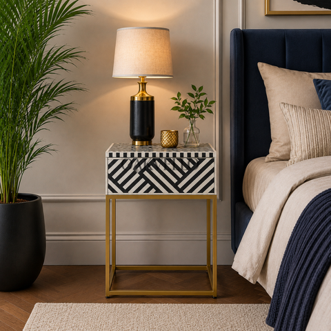 Noir Lattice Bone Inlay Bedside Table with Gold Frame