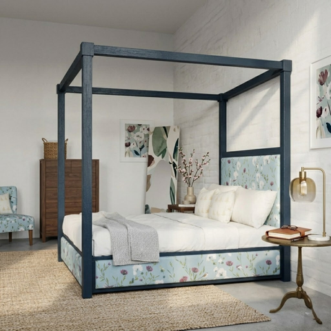Celestia Floral Four-Poster Bed | Tufted Headboard with Built-in Storage