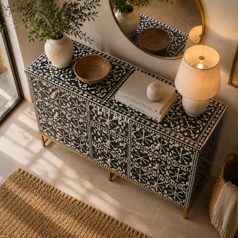 Bone Inlay Geometric 9-Drawer Sideboard – Black & White