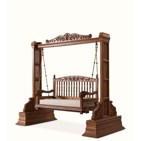 The Rajwada Swing – Handcrafted Teak Wood Indian Courtyard Swing with Beige Fabric