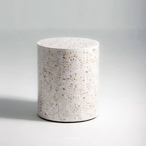 Pearl White Trailing Vine Shell Inlay Round Drum Side Table
