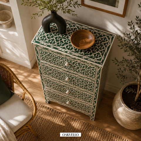 Bone Inlay Geometric Tall Chest of Drawers – Forest Green