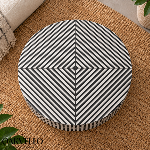 Monochrome Luxe Round Bone Inlay Coffee Table | Handcrafted Artisan Living Room Furniture – Oakvello