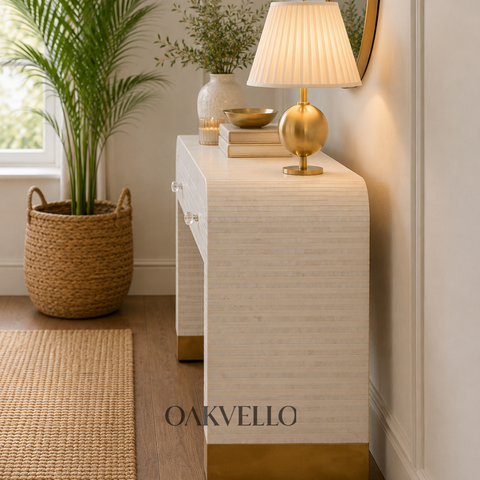 Ivory Bone Inlay Arch Console Table with Gold Brass Feet