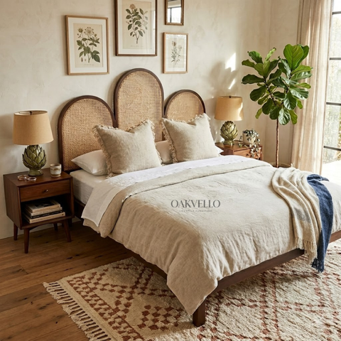 Solenne Arch Bed | Triple Arch Rattan Cane Headboard & Solid Teak Wood Frame