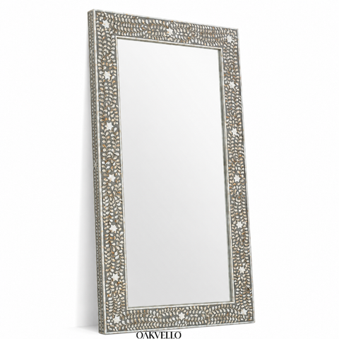 Shell Inlay Geometric Hexagon Full Length Floor Mirror – Grey & White
