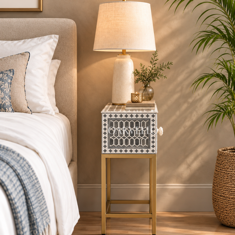 Bone Inlay Geometric Single Drawer Bedside Table with Gold Metal Legs – Grey & White