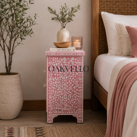 Blush Rose Floral Bone Inlay 2-Drawer Bedside Table