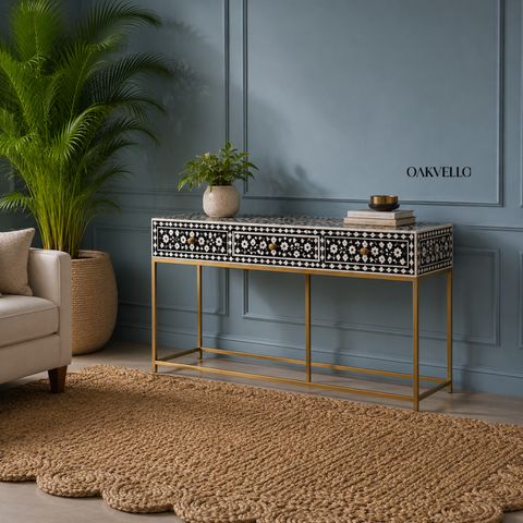 Noir Bloom Console Table | Black & White Bone Inlay with Brass Knobs