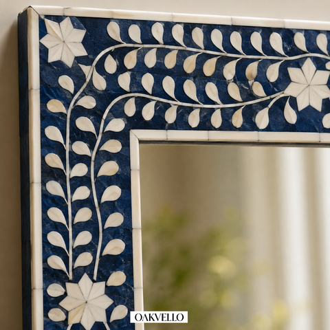 Bone Inlay Full Length Floor Mirror – Navy Blue Floral & Star Pattern