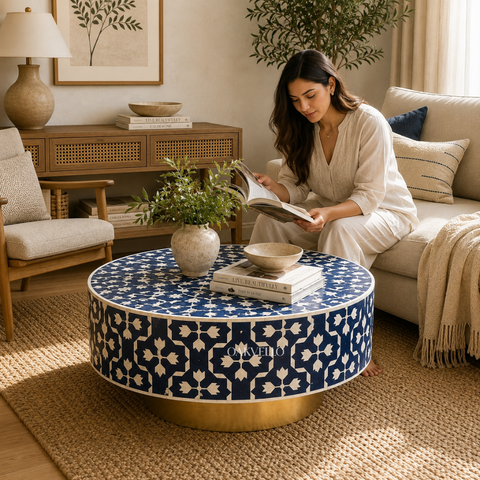 Navy Blue Star & Lotus Bone Inlay Round Coffee Table with Brass Base