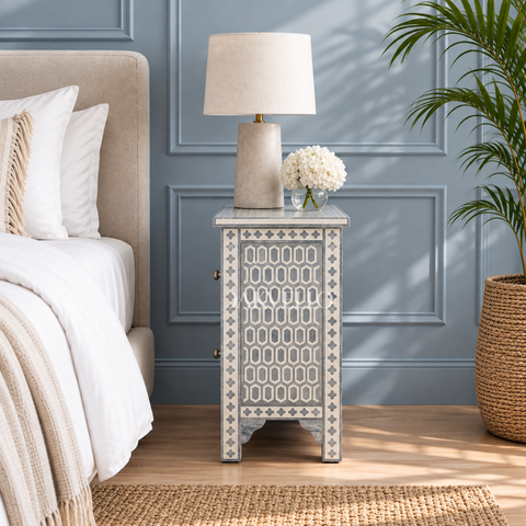 Bone Inlay Geometric 2-Drawer Bedside Table – Grey & White