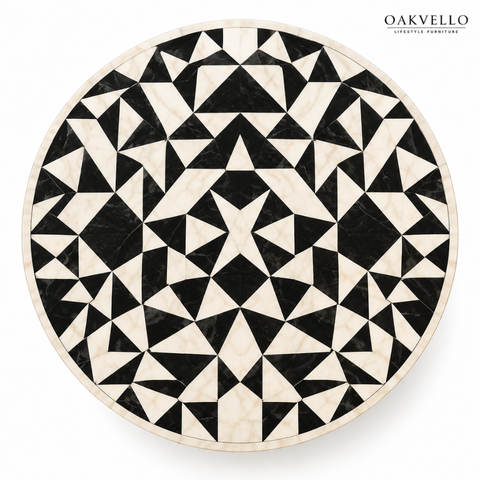 Black & White Diamond Round Bone Inlay Coffee Table | Handcrafted Artisan Living Room Furniture – Oakvello