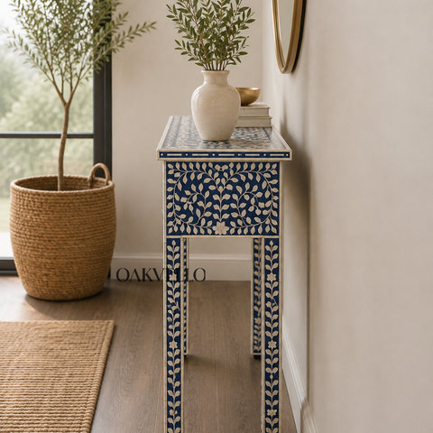 Bone Inlay Floral Console Table – Navy Blue & White