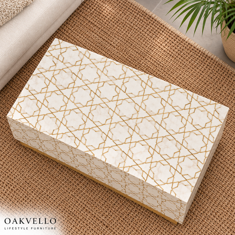 Handcrafted White and Gold Bone Inlay Coffee Table I Oakvello
