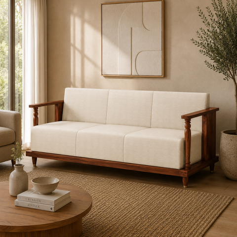 Crest Wood Sofa | Sheesham Wood & Cane 3-Seater Sofa | Oakvello