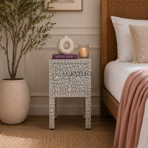 Ivory Floral Bloom Bone Inlay Bedside Table with Double Drawers
