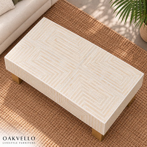 Handcrafted White and Gold Bone Inlay Coffee Table I Oakvello