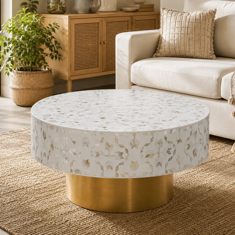 Round Pearl Inlay Coffee Table with Brass Gold Base | 90cm
