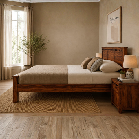 Timber Panel Bed | Solid Mango Wood Bed with Slatted Base | Oakvello