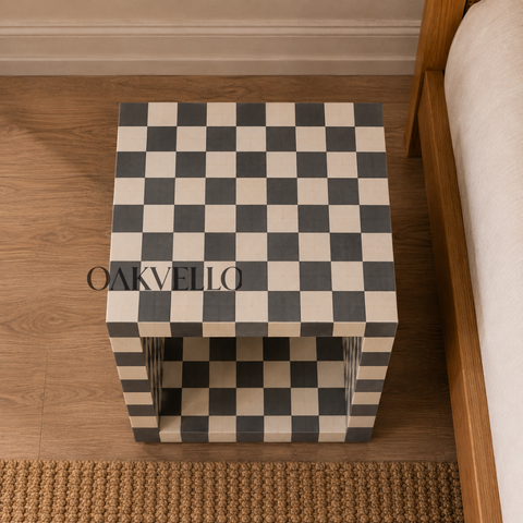 Checkerboard Bone Inlay Open Cube Bedside Table