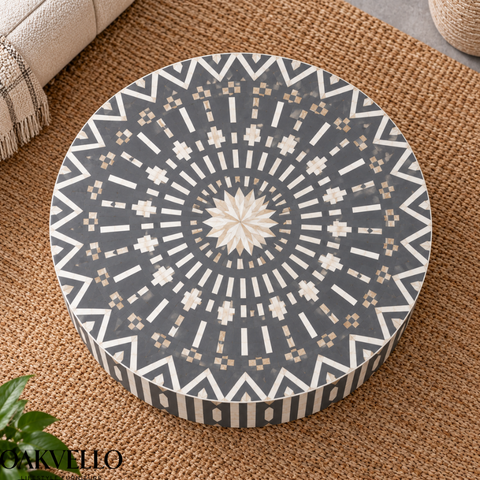 Floral Geometric Bone Inlay Coffee Table| Handcrafted Artisan Living Room Centre Table – Oakvello