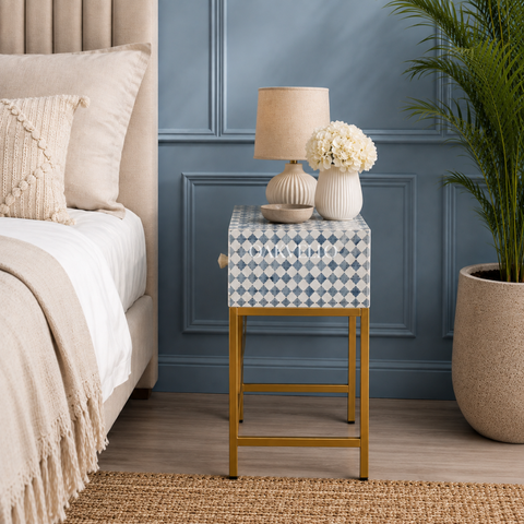 Bone Inlay Bedside Table with Gold Metal Legs – Grey & White Geometric Pattern